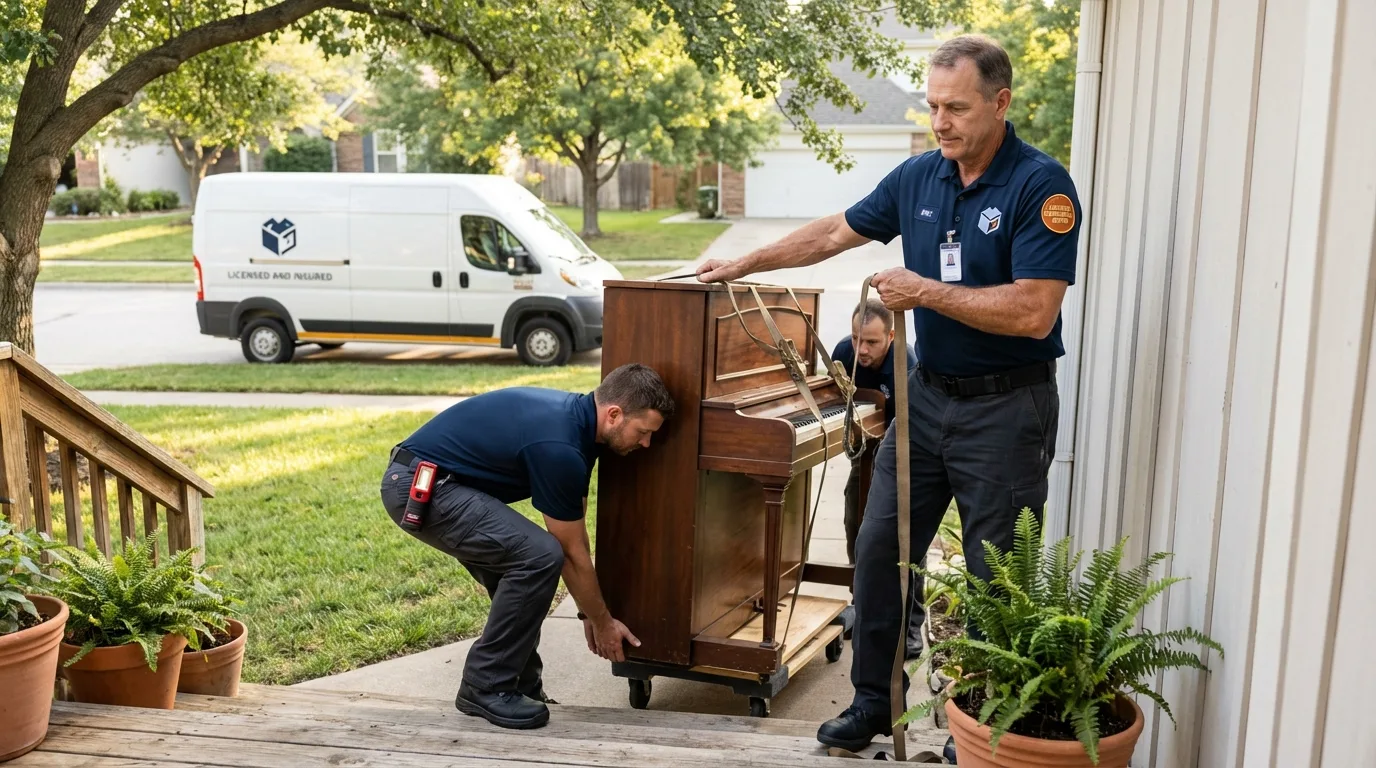 Licensed piano movers securing grand piano in Lincoln, MA