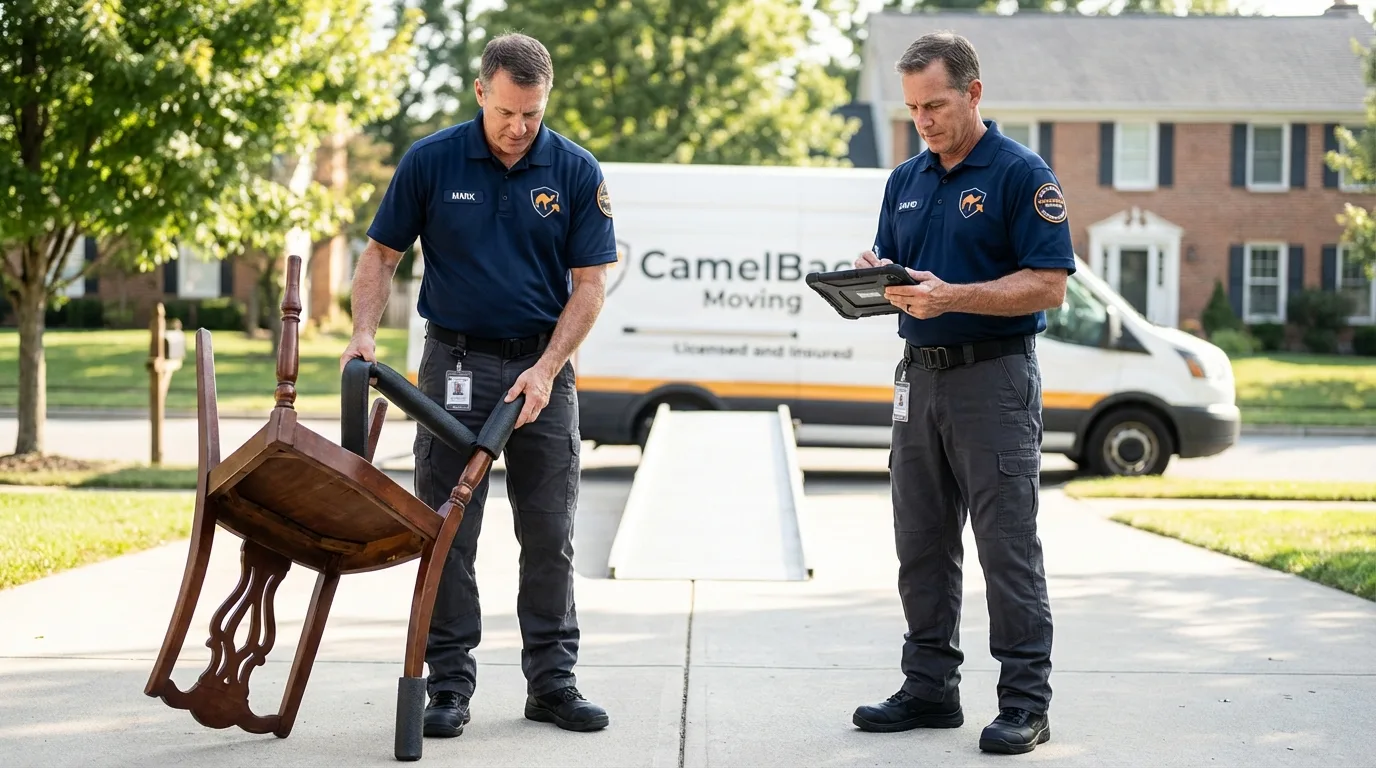 Movers inspecting furniture for damage prevention before loading in Lincoln, MA