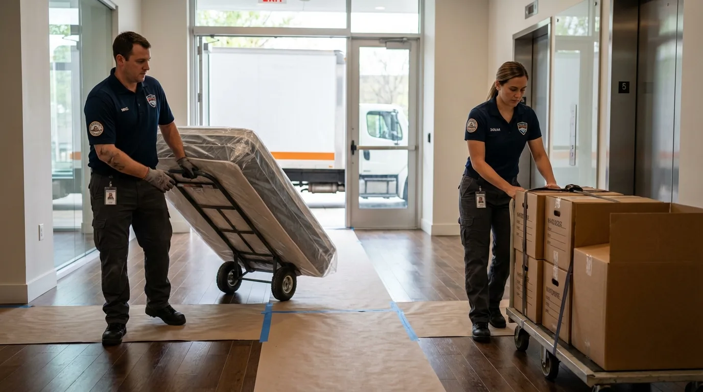 Professional apartment movers loading elevator in Lincoln, MA