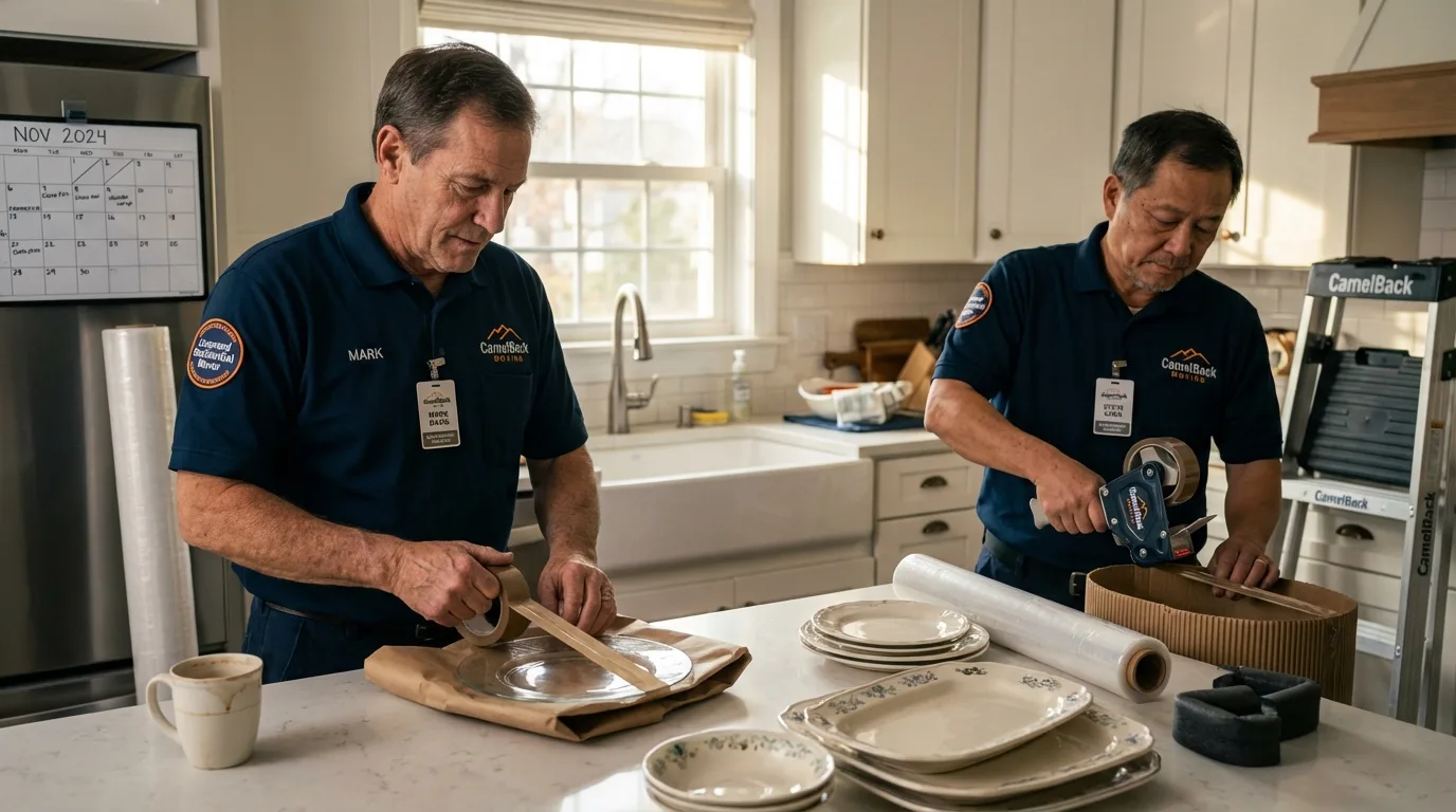 Professional crew packing kitchen dishware in Lincoln, MA